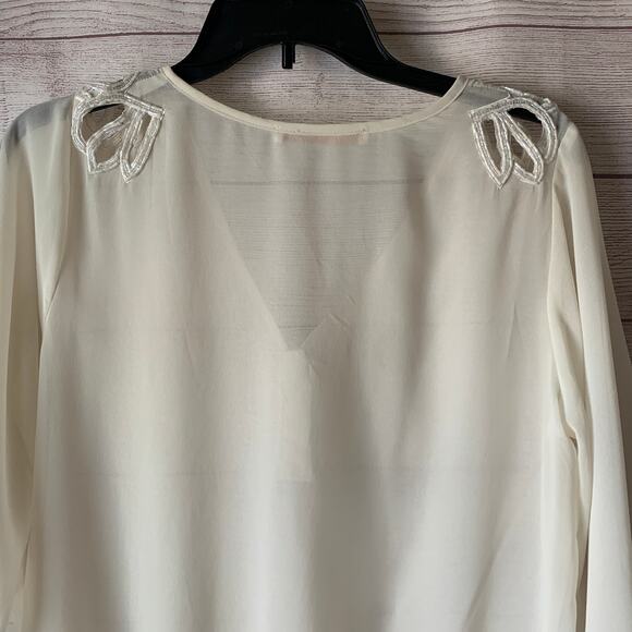 Sweet Rain Off-White Blouse with Beaded Cutout Shoulders V-Neck 3/4 Sleeves - Picture 8 of 16